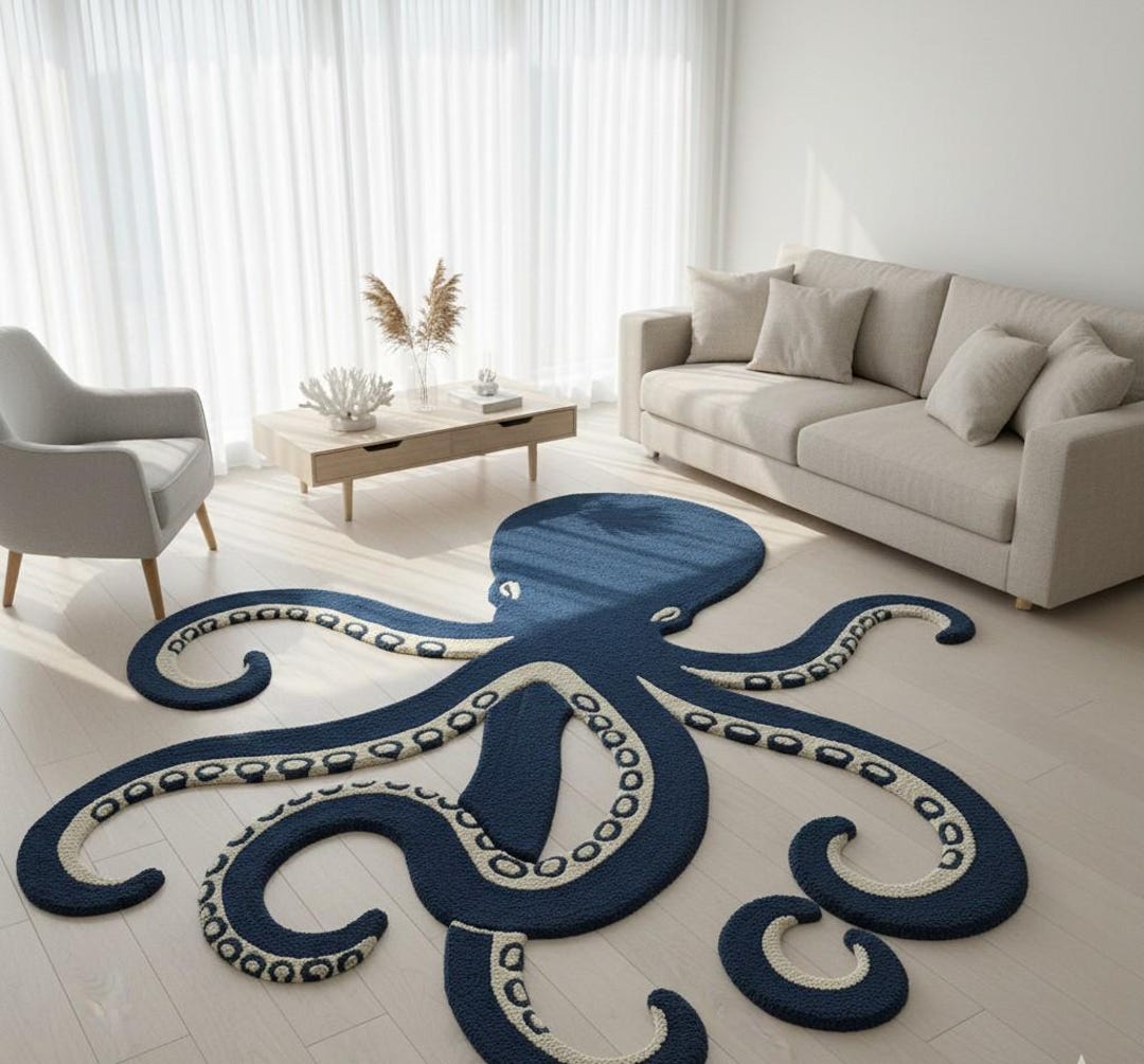 Octopus Channel Rug Octopus Shape Tufted Rug – Handmade Nautical Ocean Floor Carpet for ...