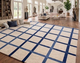 Alfombra de lana con diseño geométrico de cuadrícula, tejida a mano, moderna, azul y marfil, alfombra grande, estilo minimalista para sala de estar.