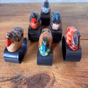 Könnte beinhalten: Ein Set aus sechs Serviettenringen, die jeweils mit einer kleinen, handbemalten Holzente in verschiedenen Farben wie Rot, Orange, Blau und Braun verziert sind. Die Enten sind auf glatten, schwarzen, ovalen Ringen zur Befestigung montiert.