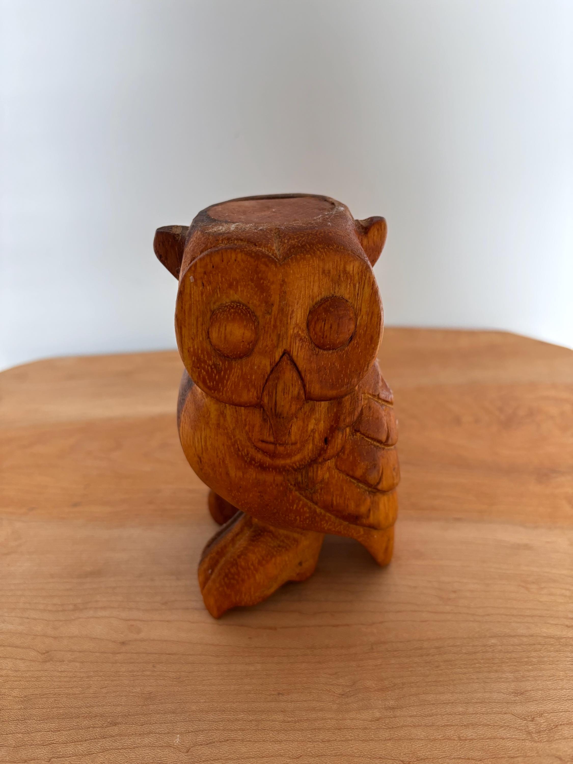 Vintage Spanish Hand-Carved Wooden Owl &ndash; Mid-Century Folk Art