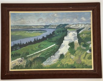 Vintage Framed Oil Painting, French River Seine Landscape, Signed C. Villanueva