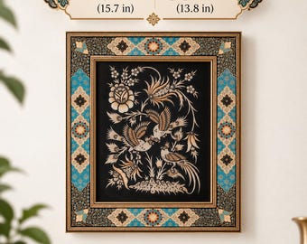 May include: A rectangular framed artwork measuring 15.7 inches by 13.8 inches. The frame features a blue, black, and gold geometric pattern. The central black panel displays a detailed illustration of birds and flowers in light tan and gold tones.