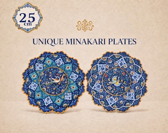 May include: Two round 25 cm Minakari plates featuring intricate blue, white, and gold floral patterns with central bird motifs. The plates have scalloped edges and are displayed with the text UNIQUE MINAKARI PLATES above them.