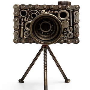 May include: A distinctive camera sculpture made from metal parts such as chains, gears, and screws. The camera has a large lens and is supported by a tripod. The metallic finish gives it an industrial and artistic appearance.