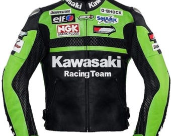 Chaqueta de moto Kawasaki Black Racing Team de cuero auténtico, chaqueta de motorista con protecciones CE.