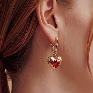 Ruby Gemstone Huggie Hoop Earring, Gold Heart Mismatched Jewelry Set, Gift for Her