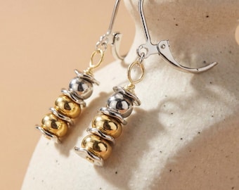 Two-Tone Silver Beads Drop Earrings | 14K Gold Filled Dangles | Mixed Metal Women's Birthday Gift