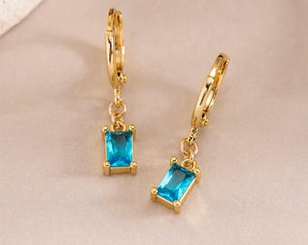 Pendientes de baguette, aros dorados, pendientes colgantes con piedra de nacimiento, regalo de cumpleaños para ella, joyas de boda, regalo personalizado para el Día de la Madre para mamá.