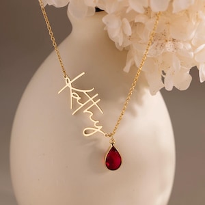 Personalized Name Necklace with Birthstone, Ruby Birthstone Teardrop Necklace, Birthday Gift for Mom, Gift for Grandma, Gift for Daughter