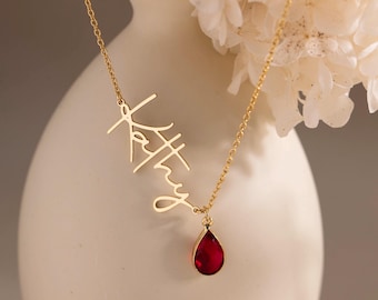 Personalized Name Necklace with Birthstone, Ruby Birthstone Teardrop Necklace, Birthday Gift for Mom, Gift for Grandma, Gift for Daughter