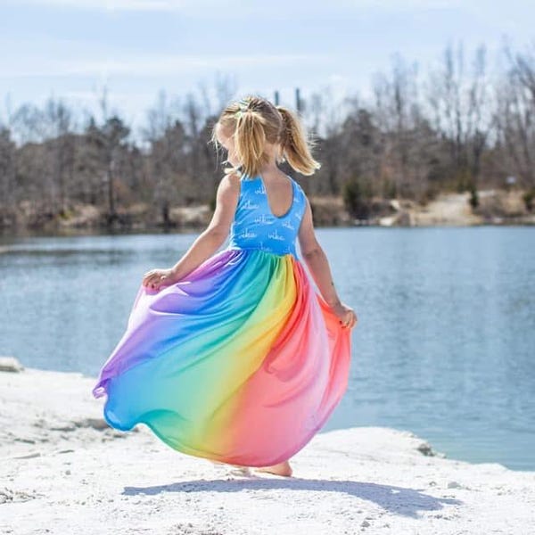 Rainbow twirl Dress - Cute girls outfit -  rainbow skirt - colorful day dress - personalized toddler outfit - hi low rainbow dress