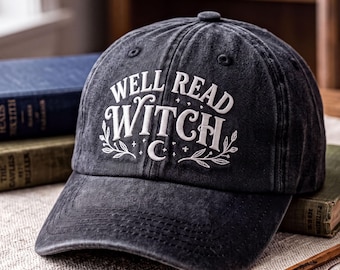Well Read Witch Washed Hat, Embroidered Bookish Cap, Witchy Reader Gift, Cottagecore Vintage Hat