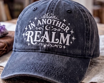 In Another Realm Washed Hat, Embroidered Fantasy Book Cap, Cottagecore Reader Gift, Vintage Hat