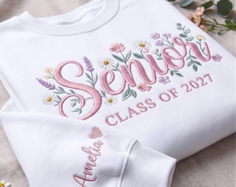 Personalized Floral Senior Sweatshirt, Class of 2027 Embroidered Crewneck, Custom Graduation Gift