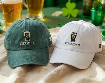 Vitamin G Embroidered Washed Baseball Cap, St Patricks Day Green Dad Hat, Funny Beer Gift