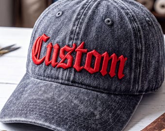 Personalized 3D Puff Washed Hat, Custom Old English Embroidered Cap, Vintage Dad Hat, Gothic Name Gift