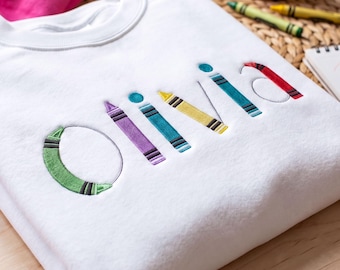 Personalized Crayon Name Sweatshirt, Embroidered Kids Crewneck, First Day Back to School Gift, Custom Outfit