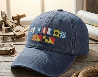 Embroidery Personalized Nautical Flags Dad Hat, Custom Semaphore Flags Cap, Maritime Signal Gift Idea for Sailor