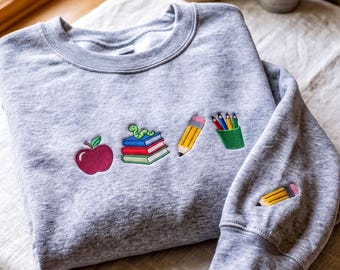 Teacher Embroidered Sweatshirt, Apple School Icons Crewneck, Back to School Gift for Educators