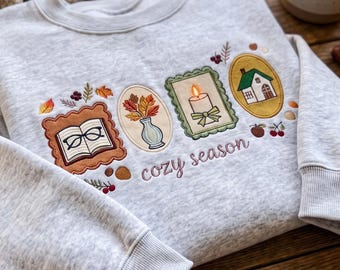 Embroidered Cozy Season Sweatshirt, Fall Lover Crewneck, Autumn Leaves Bookish Hoodie