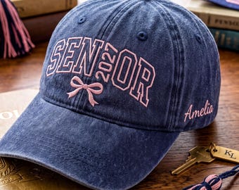 Personalized Senior Washed Hat, Embroidered Class of 2027, Graduation Gift with Bow