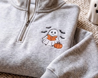 Ghost Reader Quarter Zip, Embroidered Halloween Pullover, Cute Bookish Sweatshirt, Spooky Book Lover Gift