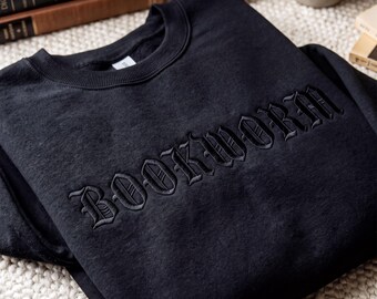 Bookworm Sweatshirt, Embroidered Gothic Crewneck, Old English Book Lover Gift, Cozy Reader Pullover