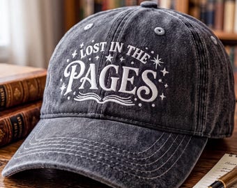 Lost in the Pages Washed Hat, Embroidered Book Lover Cap, Vintage Reader Gift, Cottagecore Literary Hat