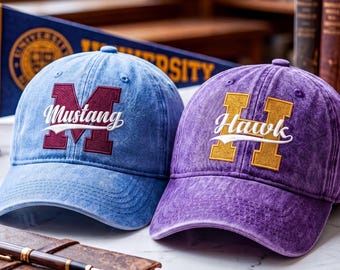 Personalized Varsity Letter Washed Hat, Custom Embroidered College Cap, Vintage Monogram Gift, Alumni Baseball