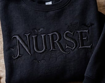 Nurse Gothic Sweatshirt, Embroidered Halloween Crewneck, Spooky Medical Pullover, Nurse Gift