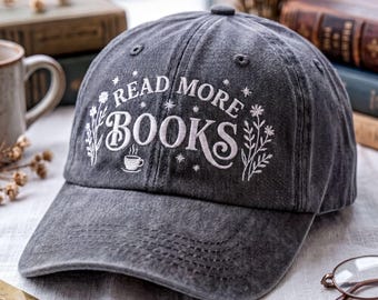 Read More Books Washed Hat, Embroidered Book Lover Cap, Vintage Reader Gift, Cottagecore Literary Hat, Bibliophile