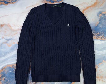 Blauwe kabelgebreide trui dames Lauren Ralph Lauren maat M V-hals trui
