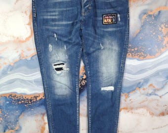 Size L-XL Mens Blue Jeans Dsquared2 Frayed Denim Distressed Pants Slim-Fit
