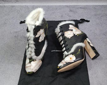 Heeled Ankle Boots Dolce& Gabbana Pebbled Tulip Print Leather Rabbit Fur Trim Ankle Boots 39 Eu (8 US) Shoes
