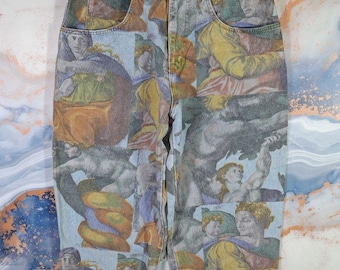 Stephan Rudi Weite Jeans Renaissance Print Michelangelo Art Anciet Denim Pants