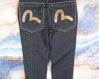 W32 L30 Mens Gray Jeans Evisu Genes Button Fly Denim Pants Japanese With Print