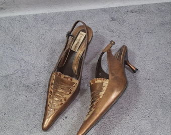 Nero Bianco Leren muiltjes Kitten Heels 37 Eu (6 US) Schoenen bronzen slingback pumps