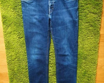 Maat 34 (l) blauwe herenjeans prada indigo dark wash tight fit spijkerbroek met wassing