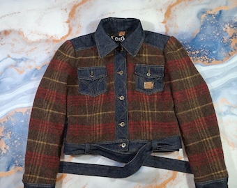 Maat M - vintage geruit denim kort damesjack Dolce & Gabbana wol en mohair