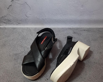 Sandalias de tacón Prada de piel negra con plataforma, talla 36 (EU) (5,5 US)