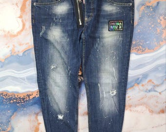 Size L-XL Mens Blue Jeans Dsquared2 Frayed Denim Distressed Pants Slim-Fit