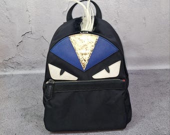 Backpack Fendi Monster Eyes Nylon With Leather and Fur Crest Bag