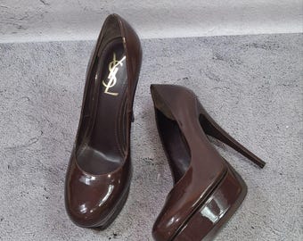 Yves Saint Laurent Brown Patent Leather Stiletto Heels 38 Eu (7 US) Italian Pumps Tribtoo YSL