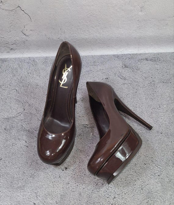 Yves Saint Laurent Brown Patent Leather Stiletto Heels 38 Eu (7 US) Italian Pumps Tribtoo YSL