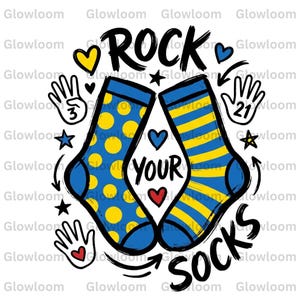 Puede incluir: Diseño gráfico con dos calcetines azules con lunares y rayas amarillas, con el texto "ROCK YOUR SOCKS". El diseño incluye corazones, estrellas y gestos de manos con números.