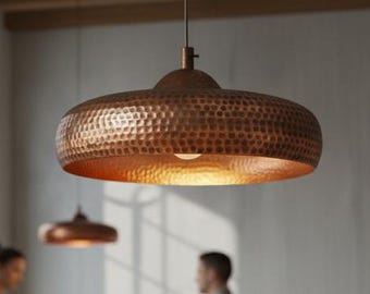 Hammered Copper Pendant Light - Handcrafted Kitchen Island Lighting - Rustic Farmhouse Ceiling Fixture - Dining Room Chandelier