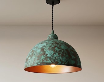 Verdigris Copper Pendant Light | Patina Dome Rustic Kitchen Island Lighting | Farmhouse Industrial Ceiling Fixture | Oxidized Hanging Lamp
