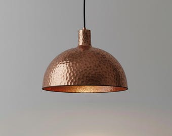 Rustic Hand-Hammered Copper Dome Pendant Light - Kitchen island light fixture - Farmhouse Copper Lamp