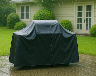 Puede incluir: Una funda negra para barbacoa protege una parrilla de la lluvia. Se ven gotas de agua en la superficie de la funda. La parrilla está sobre un patio de ladrillos, con una casa y arbustos verdes al fondo.