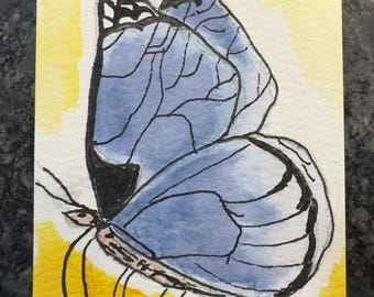 ACEO Original 2.5" X 3.5" Watercolor Pen/Fine Pen- Blue Butterfly